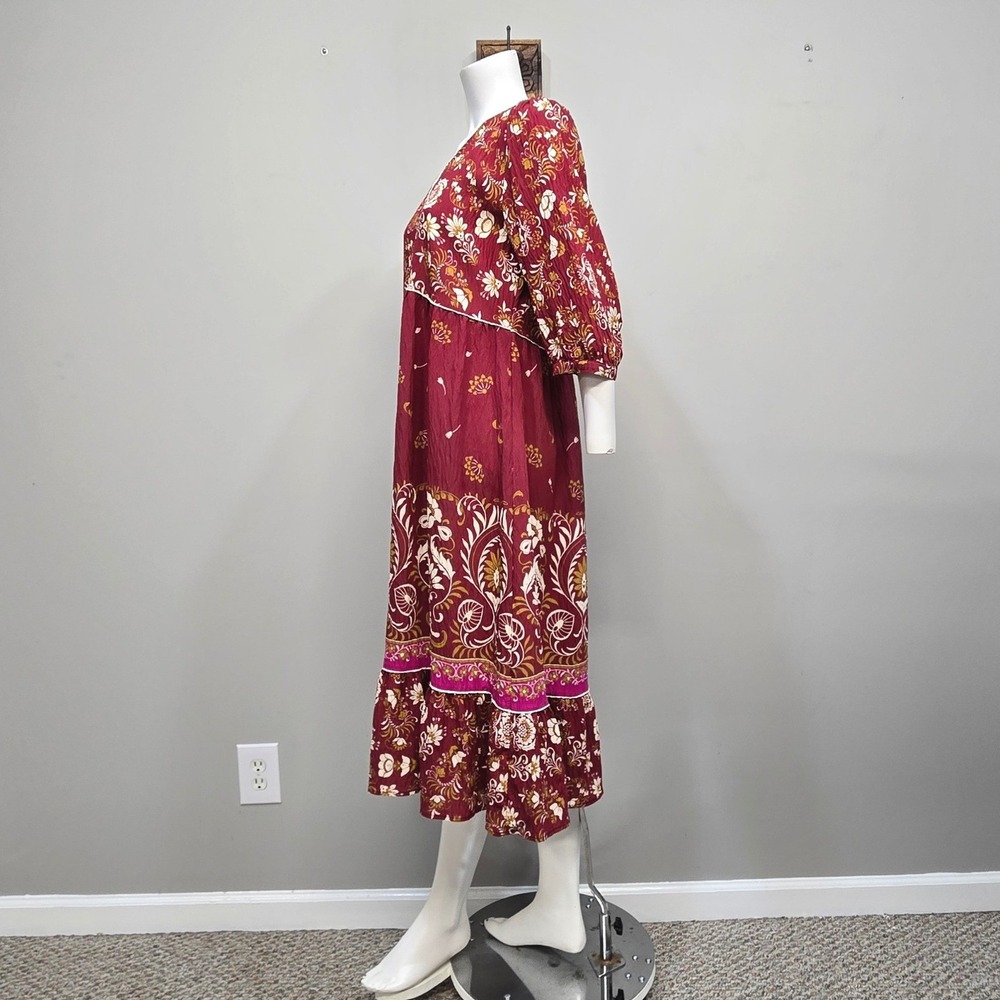 Figueroa & Flower Midi Dress Large Burgundy Floral Boho Peasant Cottage Romantic - Picture 2 of 9